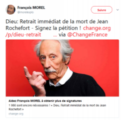 Francçois Morel relayant la pétition pour le retrait de la mort de Jean Rochefort