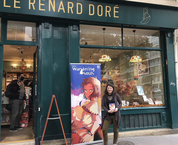 Zelhian devant la librairie du renard Doré (Vème arrondissement) le 16 octobre 