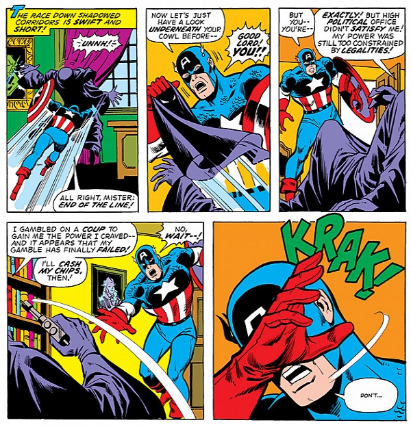 patriotique Captain America, décida que le personnage censé évoluer dans l’univers « réel », ne pouvait rester sans réaction face au scandale du Watergate
