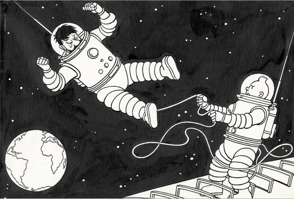 HERGÉ TINTIN On a marché sur la Lune (T.17), Casterman 1954 Illustration réalisée en 1952 pour un puzzle de la gamme de produits “Timbre Tintin”. Encre de Chine et gouache blanche sur papier 32,7 × 23,4 cm (12,87 × 9,21 in.) 70 000 - 80 000 €