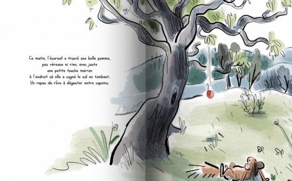 Les illustrations de Anne Villeneuve rendent avec énergie et vivacité l'histoire d'une pomme qui roule