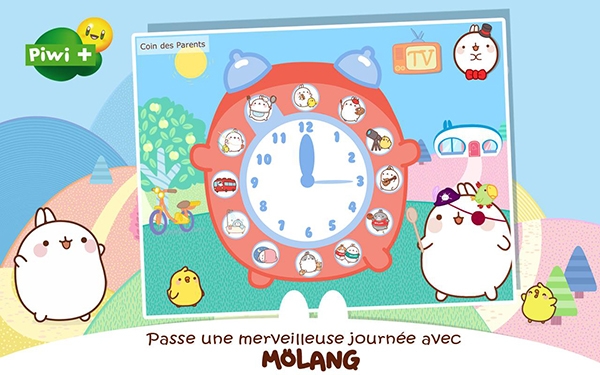 Page d'accueil de l'appli Molang, disponible gratuitement sur Google Play et l'Apple Store