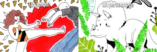 Roxanne Bee en 5 dessins (1/3) Si Roxanne était un animal, elle serait une abeille; si elle devait prendre un modèle, elle choisirait un tricératops !
