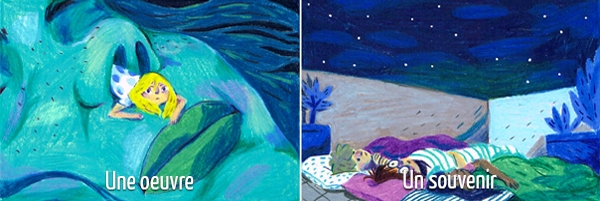 Cléo Mezortis en 5 dessins (2/3) Si Cléo était une œuvre, elle serait la BD Jolies Ténèbres ; un souvenir, les nuits passées à la belle étoile durant son enfance !