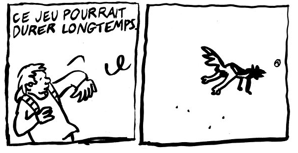 Alors qu'elle dessinait dans son atelier, Fanny a aperçu à sa fenêtre chien jouant avec une balle jaune. Cette petite scène lui a inspiré la BD Poème !