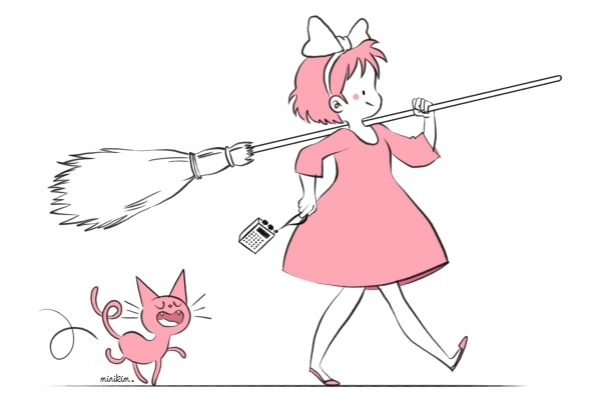 MiniKim en 3 dessins (2/3) Si MiniKim n'avait pas emprunté le chemin de la BD, elle suivrait Kiki la Sorcière dans ses aventures !