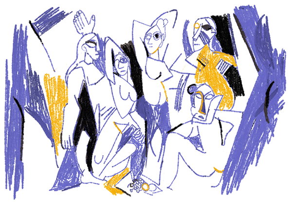 Kathrine Avraam en 3 dessins (2/3) Amoureuse du travail de Picasso, Kathrine Avraam a réinterprété une de ses toiles : les Demoiselles d'Avignon.