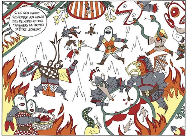 Pour expliquer certaines intrigues du livre, Thomas Gilbert reinterprète les codes de la tapisserie médiévale...