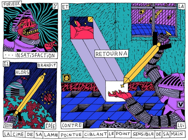 La Parabole du Guerrier Mancheu page 2 Dans les planches d'Hortense, paroles et explosions de couleurs se mêlent avec harmonie.