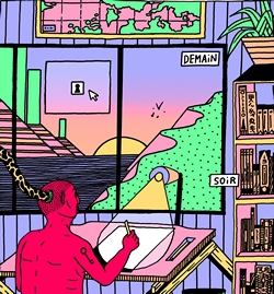 Arthur Binois en 3 dessins (é/3) Pour travailler, Arthur Binois a besoin d'un atelier ultra-connecté.