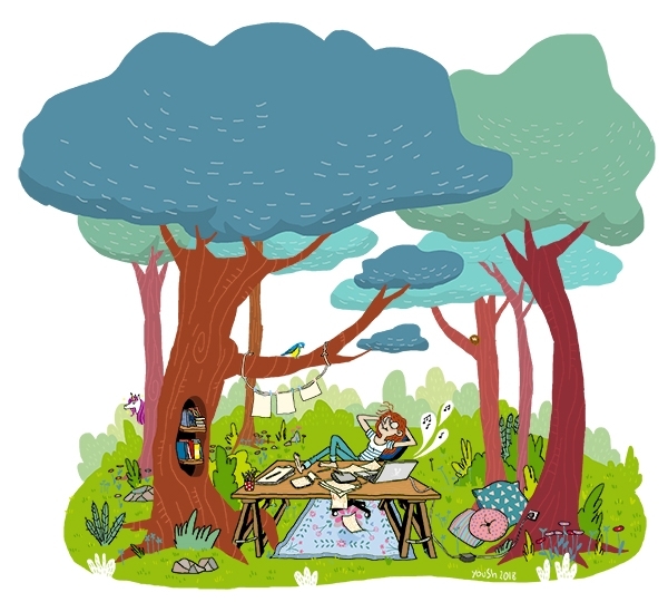 YouSh en 2 dessins (2/2) Avant de visiter l'atelier bucolique de YouSh, rendez-vous sur son blog !